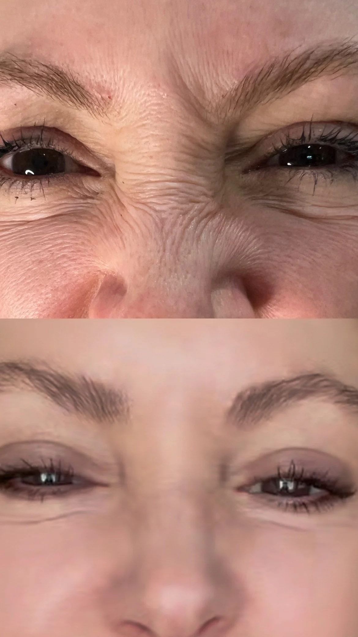Close-up of a person's face showing before and after makeup application, focusing on eyes and eyebrows, with visible skin texture and eyelash details.