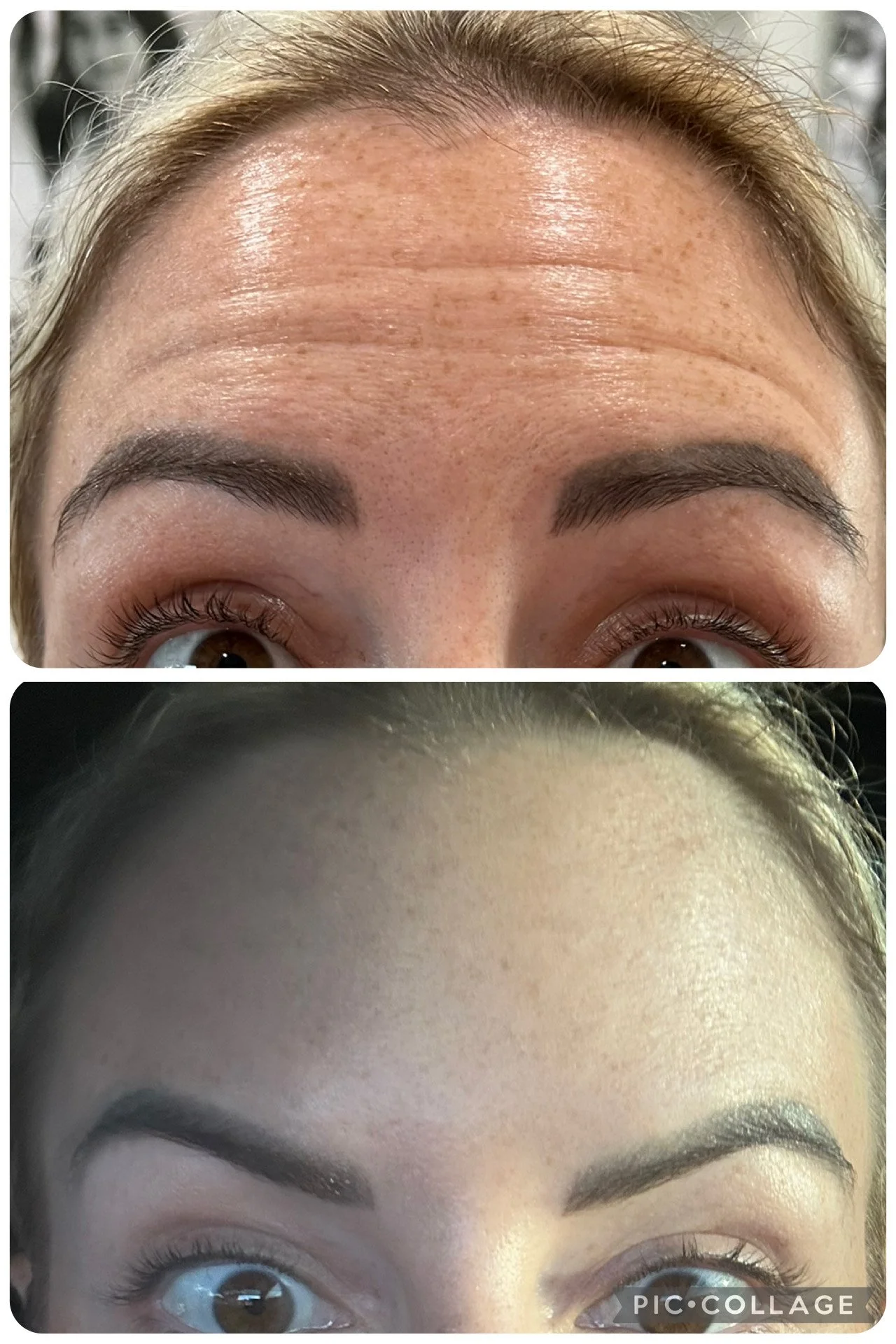 Comparison of before and after eyebrow enhancement, showing the upper photo with natural eyebrows and the lower with filled-in, well-defined eyebrows.
