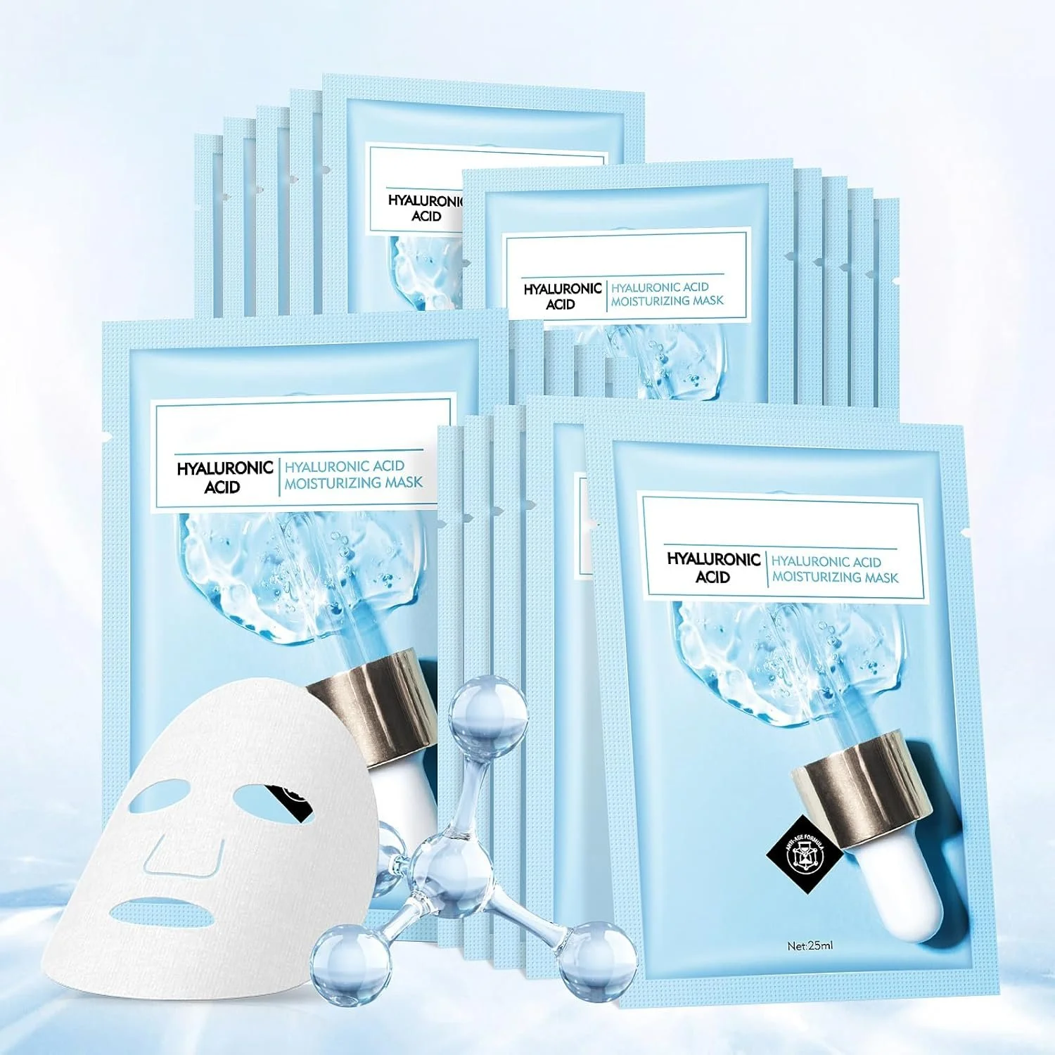 Multiple packets of hyaluronic acid moisturizing masks with a white face mask, a molecular model, and a water droplet on a light background.