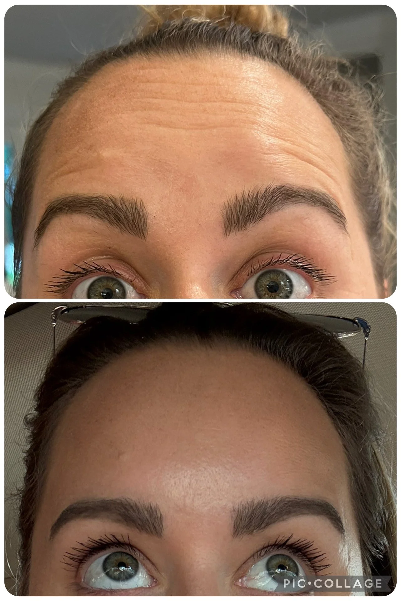 Close-up of a woman's face showing before and after images of eyebrow grooming or microblading, with the top image showing less defined eyebrows and the bottom image showing more shaped, fuller eyebrows.