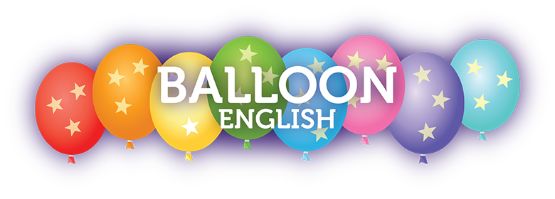 Colorful balloons with stars and the text 'Balloon English' in the center.