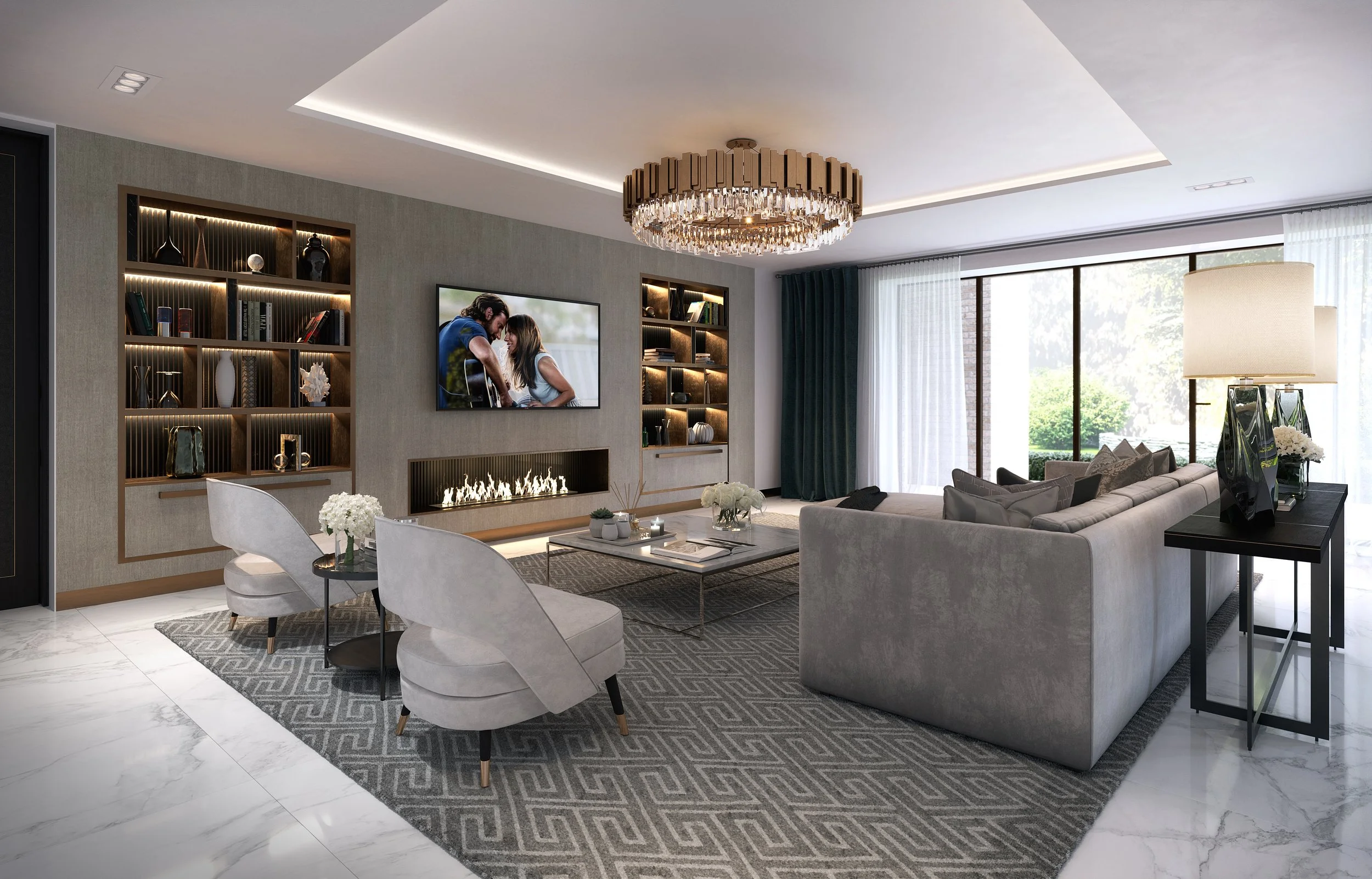 Modern living room with grey sofa, two white armchairs, a fireplace, large windows with white curtains and a dark green curtain, wooden shelves with decorative items, a wall-mounted TV displaying a couple, a glass coffee table with flowers, and a chandelier.