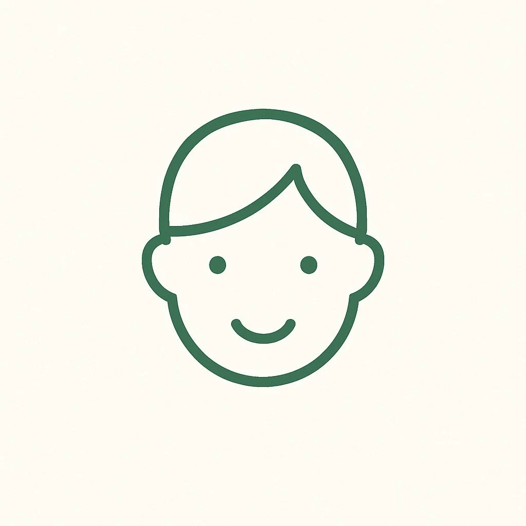 Simple line drawing of a smiling person's face with short hair and round face, depicted in green on a cream background.