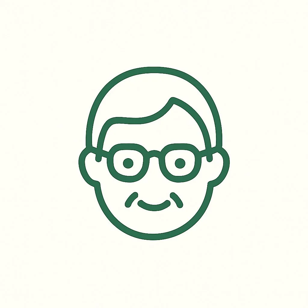 Line drawing of an elderly person with glasses and a smile.