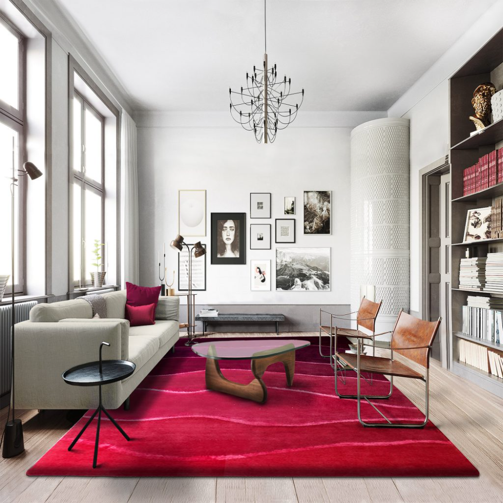 Neutral living room scheme with red accent in rug