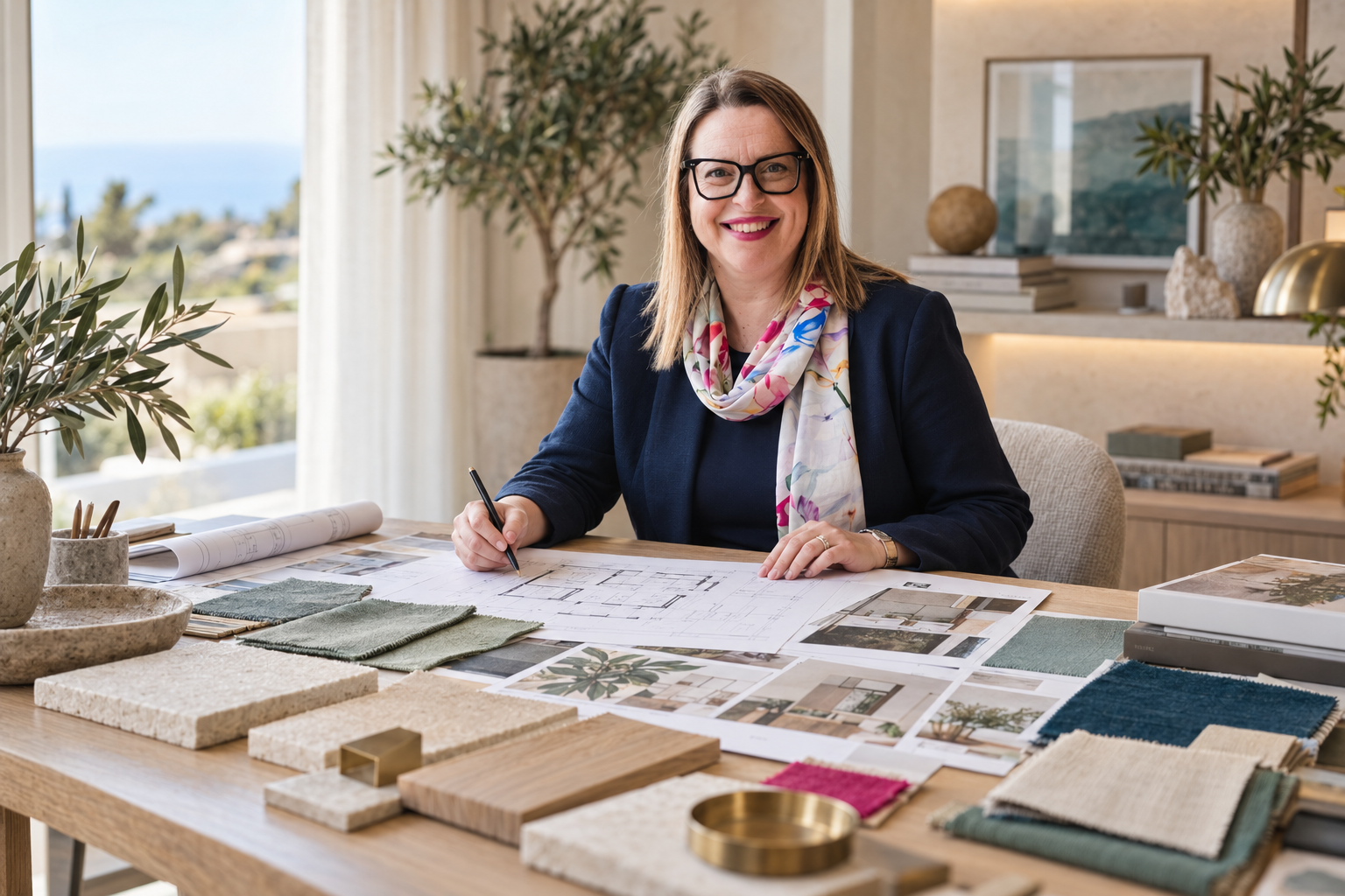 Nicla Diceglie reviewing architectural plans and material samples at Studio Nicla.