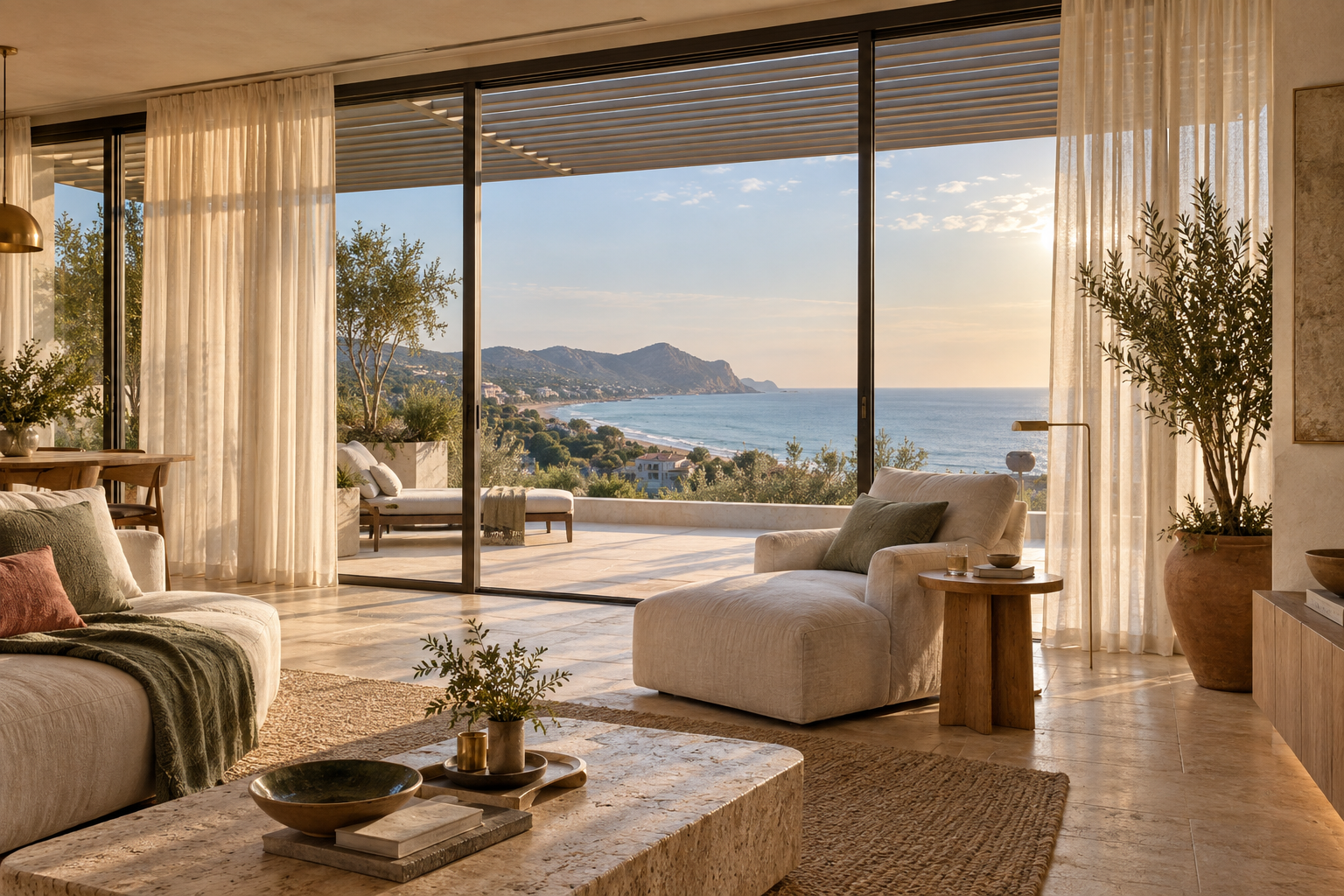 Sheer window treatments filtering sunlight while preserving the coastal view from a Mediterranean home