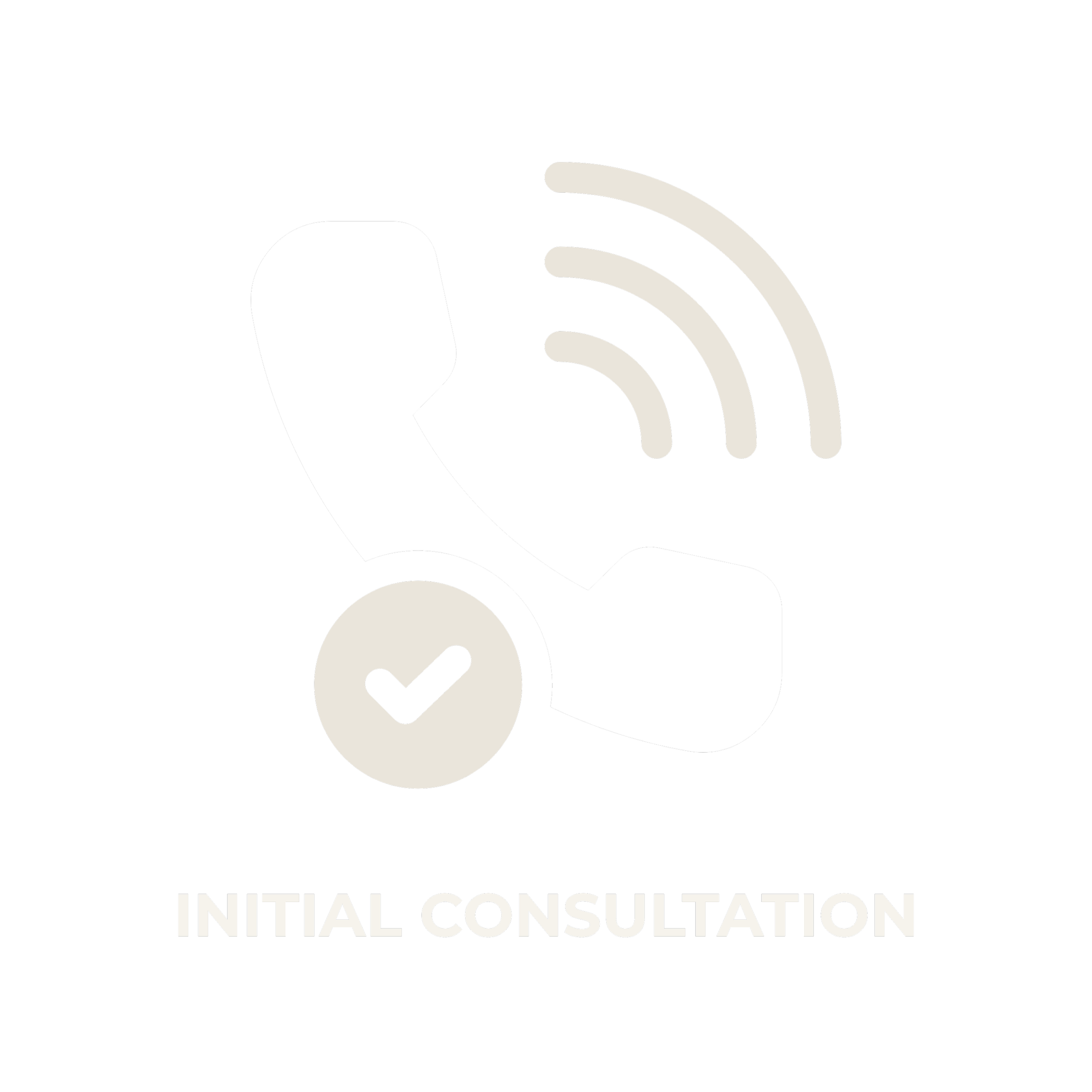Icon of a telephone receiver with waves indicating sound, a checkmark in a circle, and the text 'Initial Consultation' underneath.
