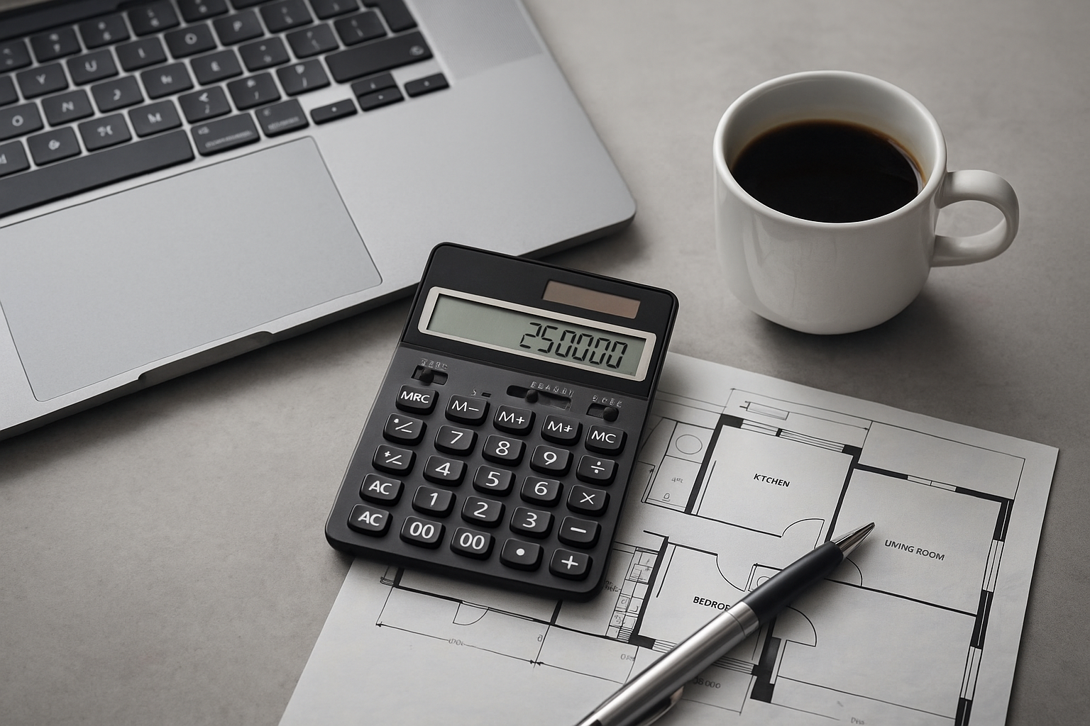 A laptop, calculator showing 250,000, coffee mug, floor plan of a house, and pen on a desk.