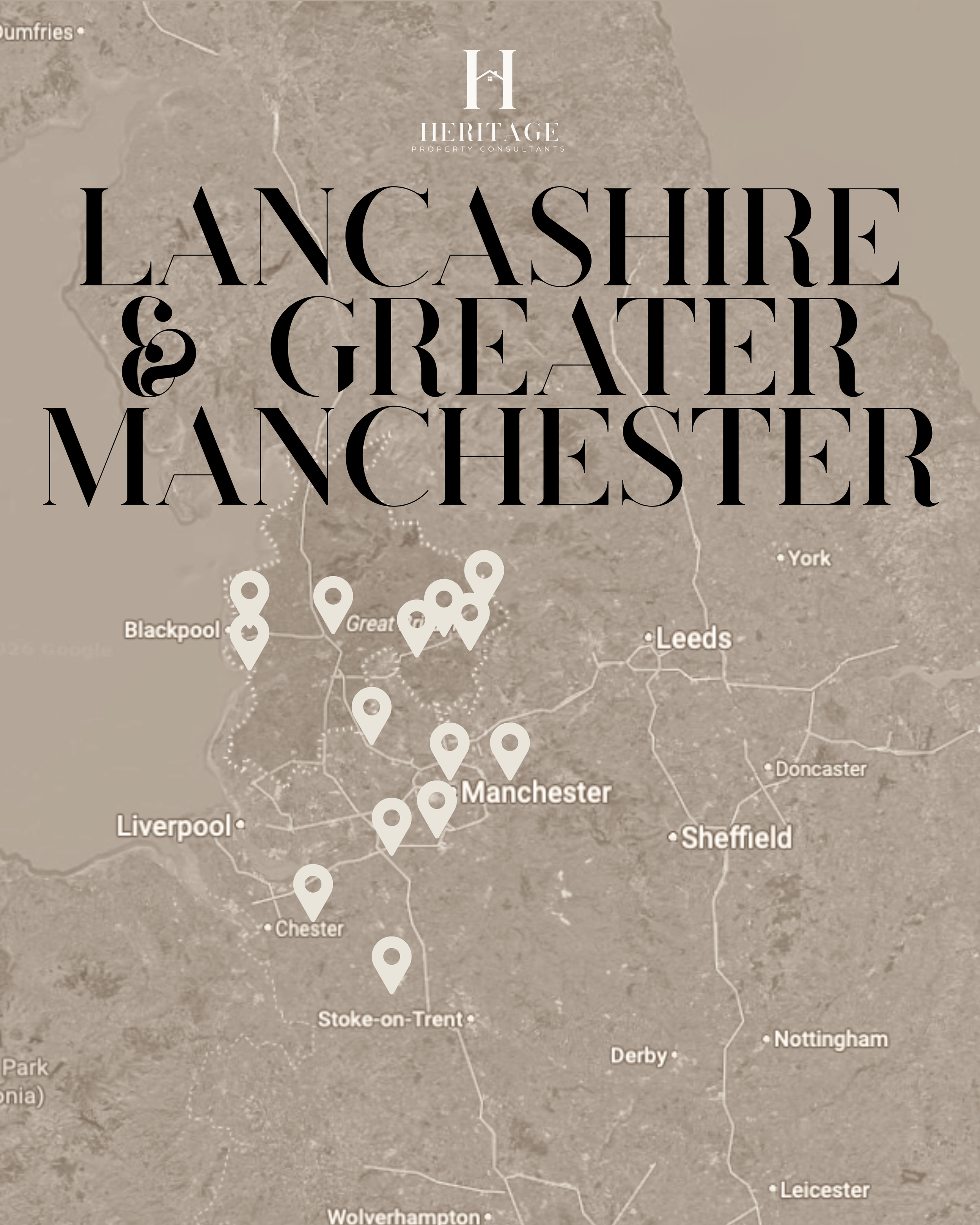 Coverage map of Lancashire and Greater Manchester showing areas served by Heritage Property Consultants for fast house sales, cash offers, auction property sales, landlord portfolio disposals and probate property sales.