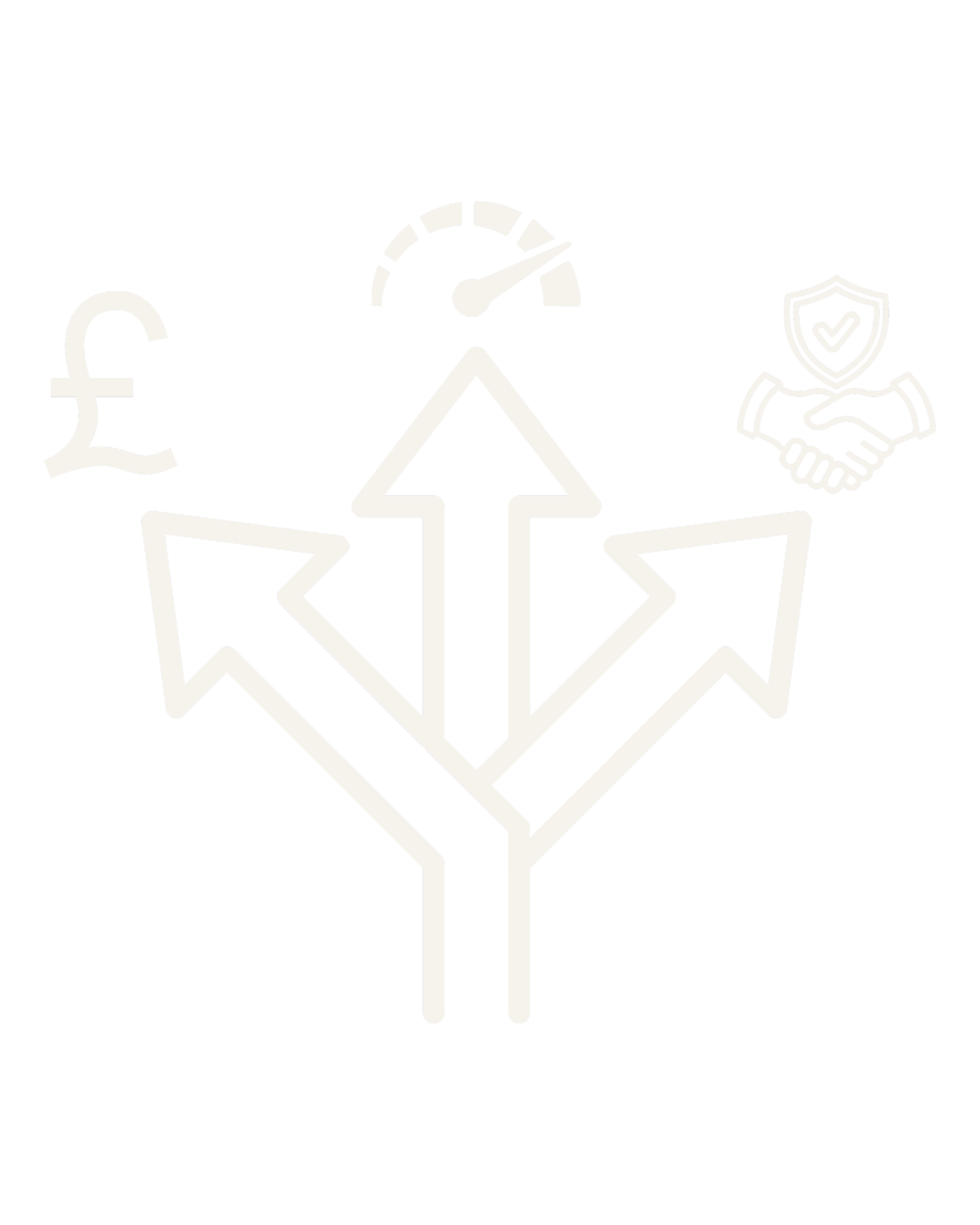 A black background with white outlined icons, including a British pound symbol, a gauge, two handshakes inside shields, stars, and arrows pointing upward and downward.