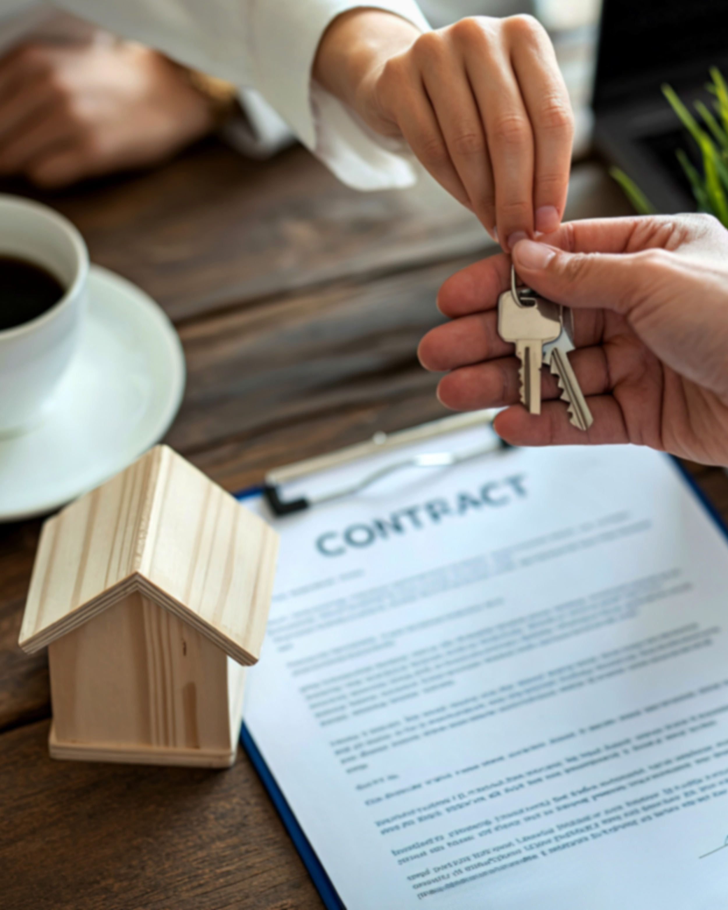 Two people exchanging house keys over a contract, with a small wooden house model, a cup of coffee, and a pen on a wooden table.