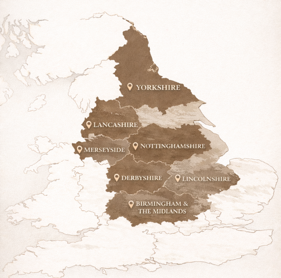 Map of England highlighting regions: Yorkshire, Lancashire, Merseyside, Nottinghamshire, Derbyshire, Lincolnshire, Birmingham & the Midlands.
