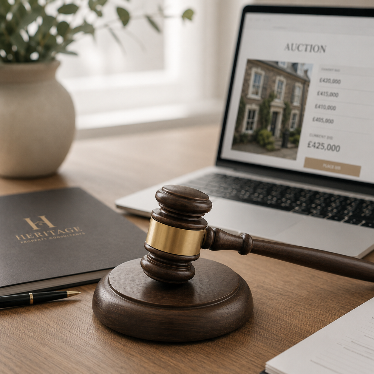 Heritage Property Consultants auction gavel and laptop — sell your property by auction UK