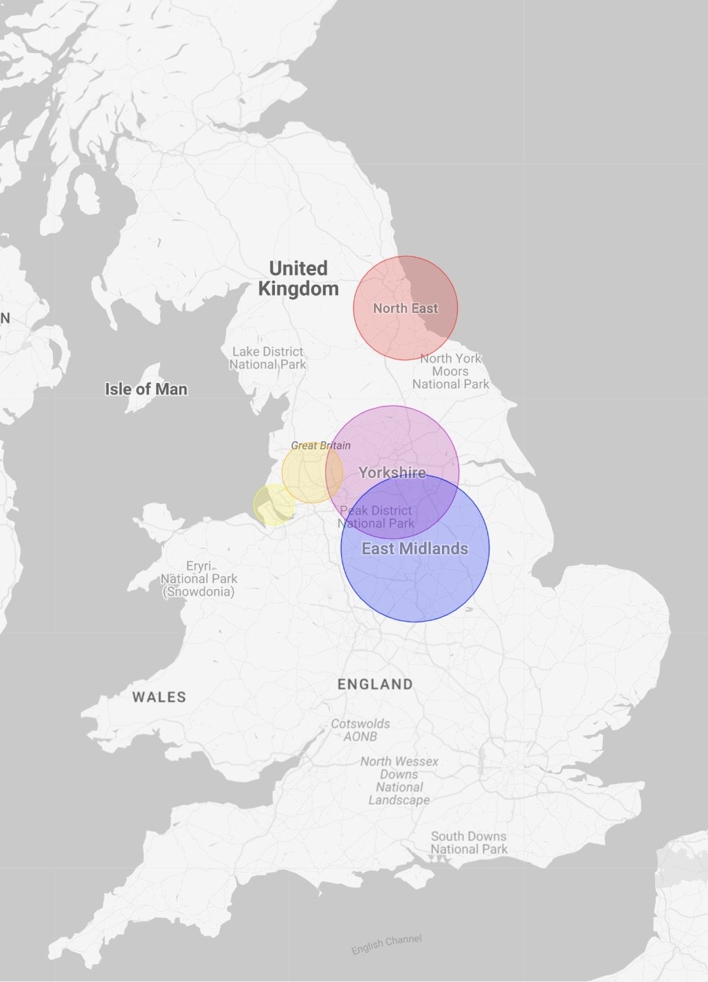 Map of England showing regions with colored circles labeled North East, Yorkshire, East Midlands, Great Britain, and the North York Moors National Park.