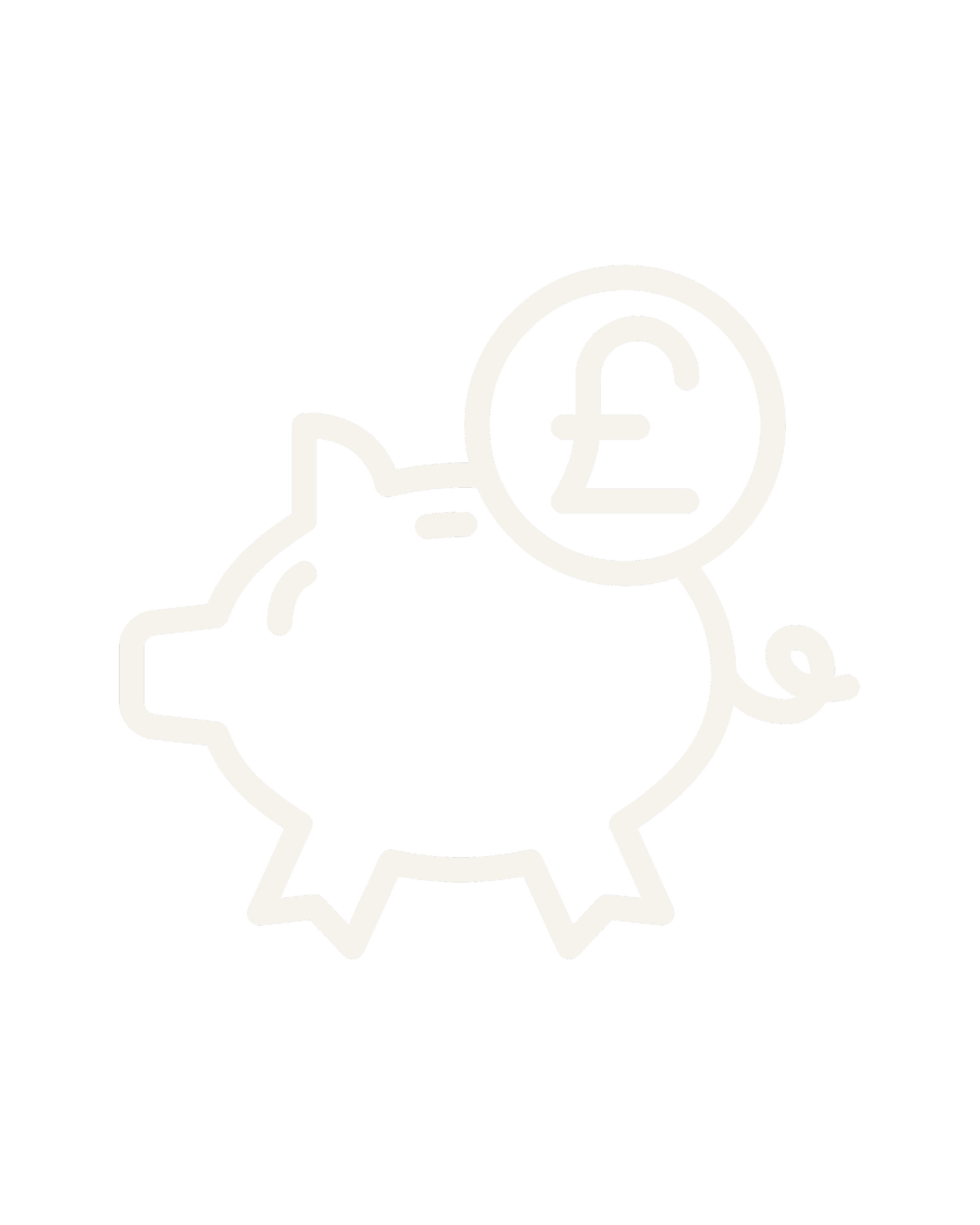 Outline drawing of a pig holding a coin with a British pound symbol on it, set against a black background.