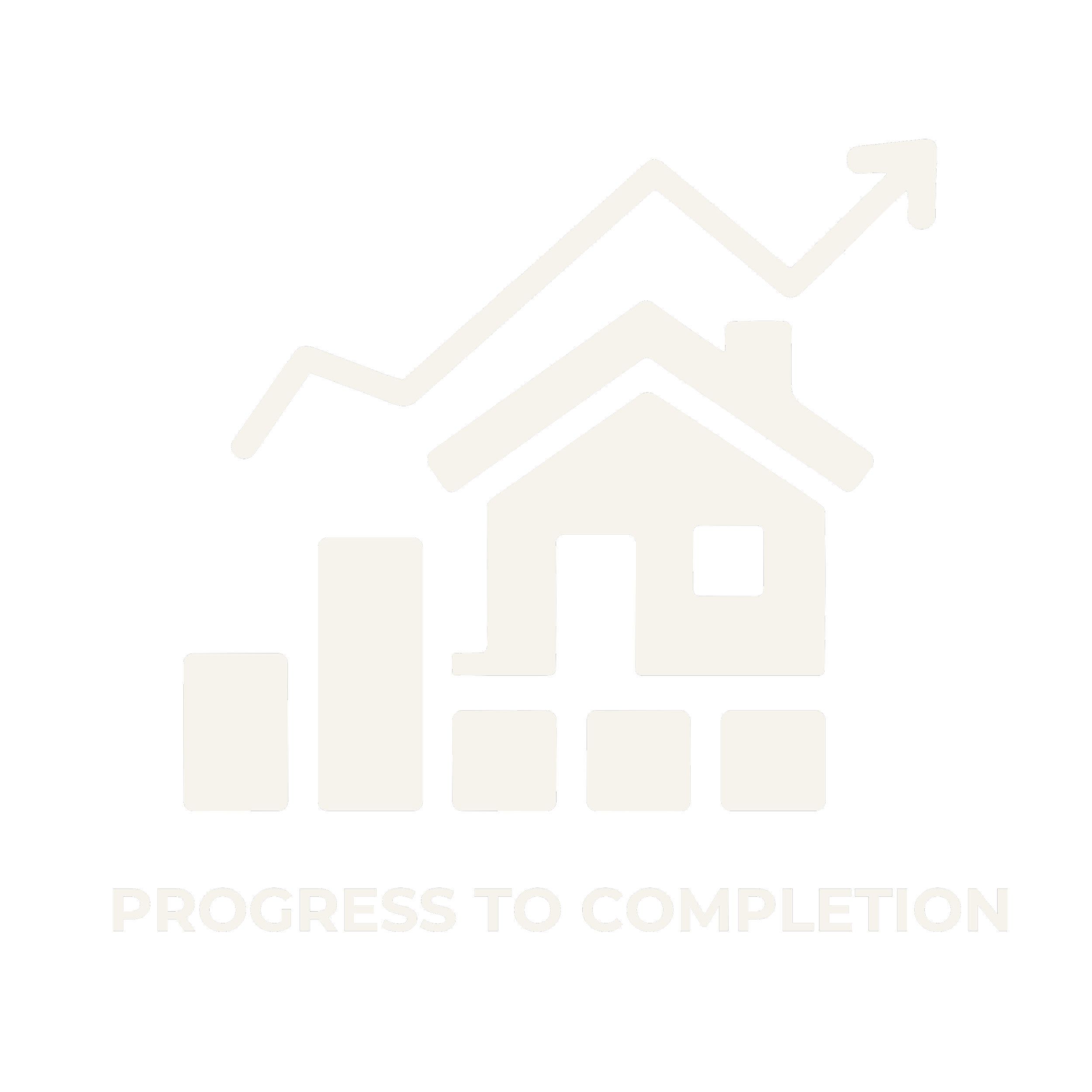 A graphic showing a house with a bar chart and upward trending arrows above it, with the words 'PROGRESS TO COMPLETION' below.
