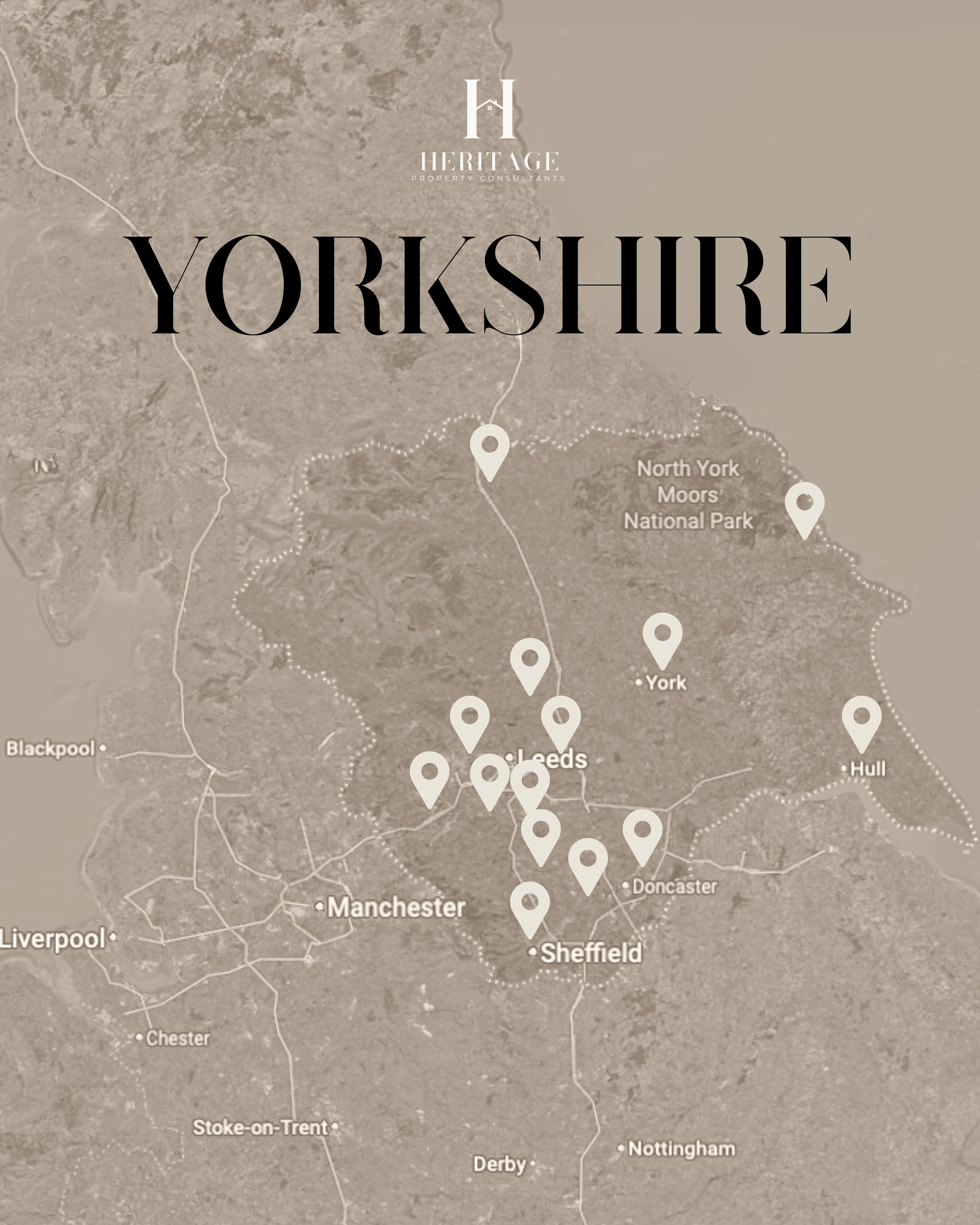 Yorkshire coverage map showing Heritage Property Consultants' fast house sale services, helping homeowners access cash offers, auction sales, investor buyers and traditional estate agency routes across Yorkshire.