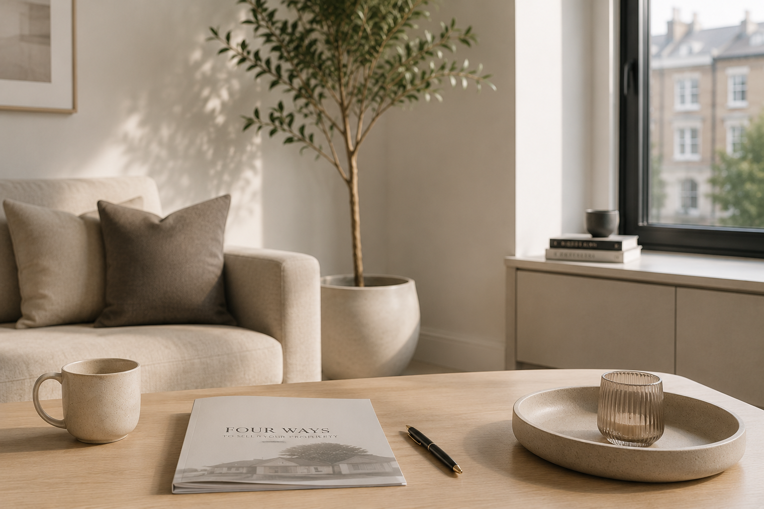 Aesthetic lounge with coffee table and paperwork four ways to sell - Heritage Property Consultants