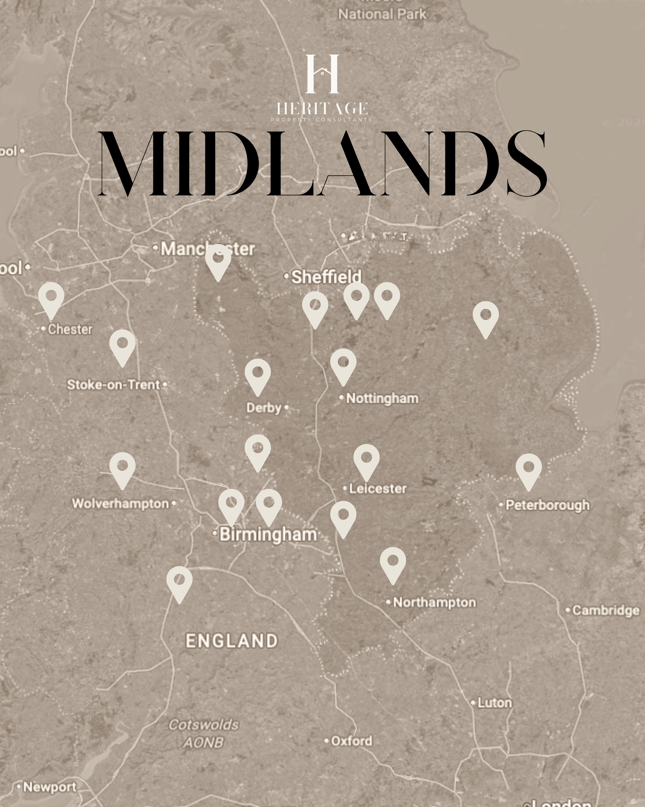 Coverage map of the Midlands showing areas served by Heritage Property Consultants for fast house sales, cash property offers, auction sales, probate property sales and landlord portfolio disposals across Birmingham, Nottingham, Derby, Leicester.