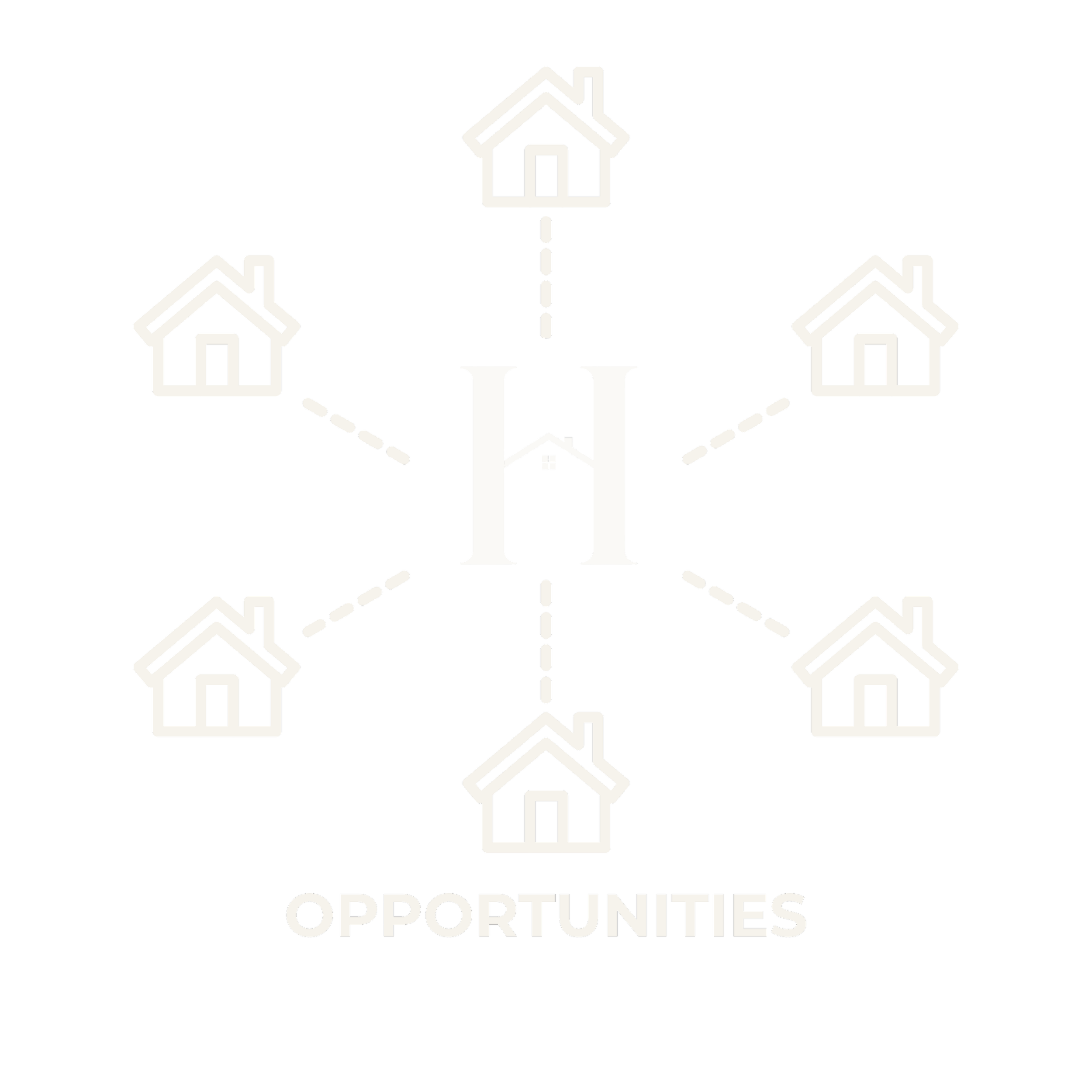 Illustration showing multiple houses connected to a central house, symbolizing opportunities in real estate, with the word 'Opportunities' at the bottom.