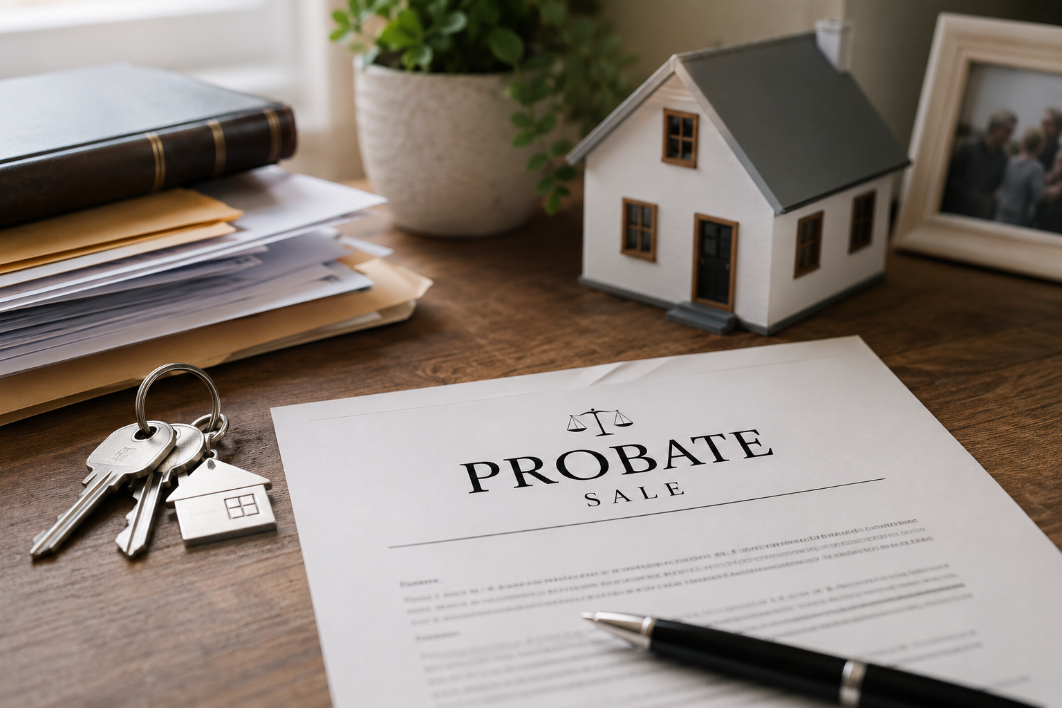 UK probate property sale documents and house model on a wooden desk