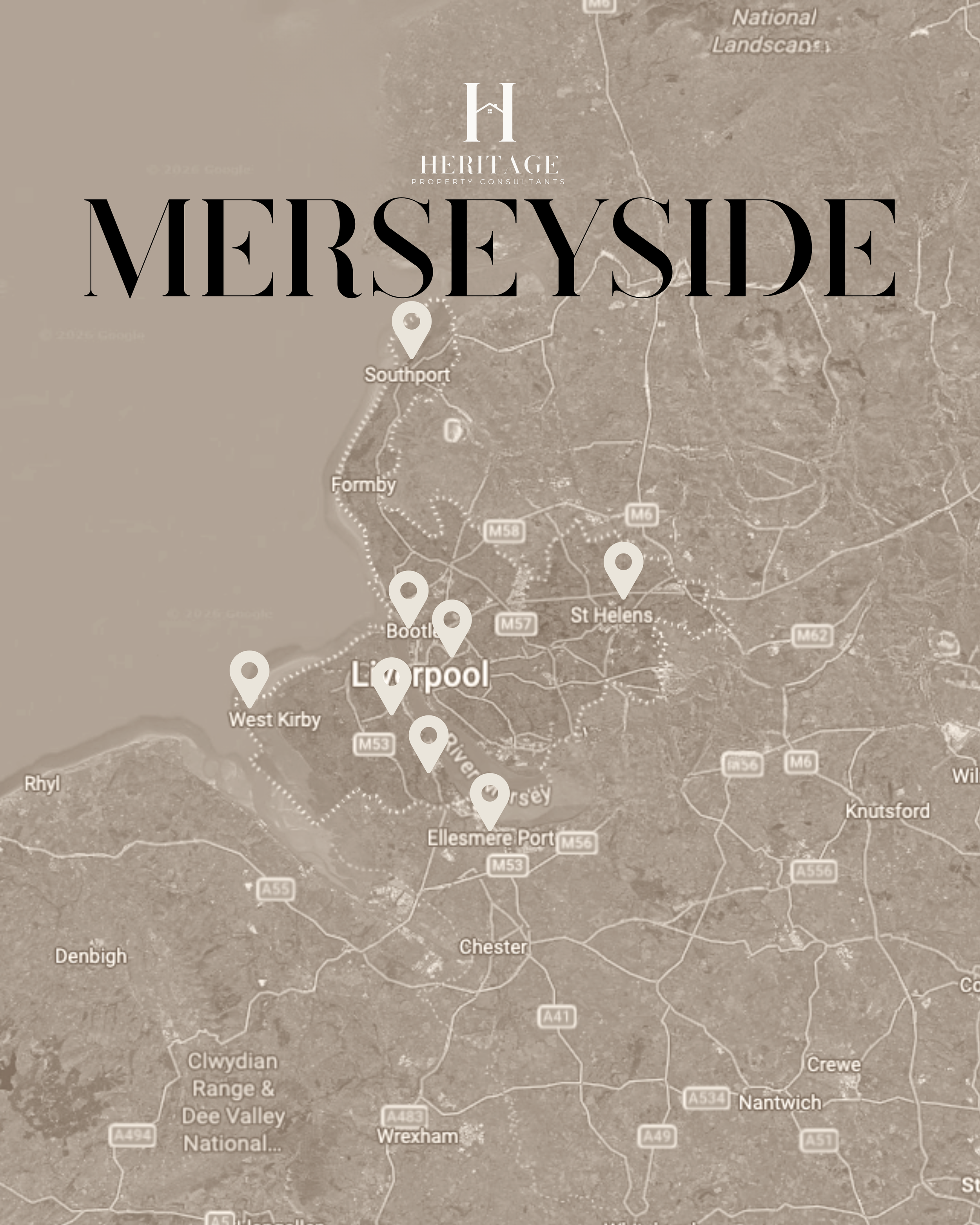 Coverage map of Merseyside showing areas served by Heritage Property Consultants for fast house sales, cash property offers, auction sales, probate property sales and landlord portfolio disposals across Liverpool, Wirral, Birkenhead, Southport.
