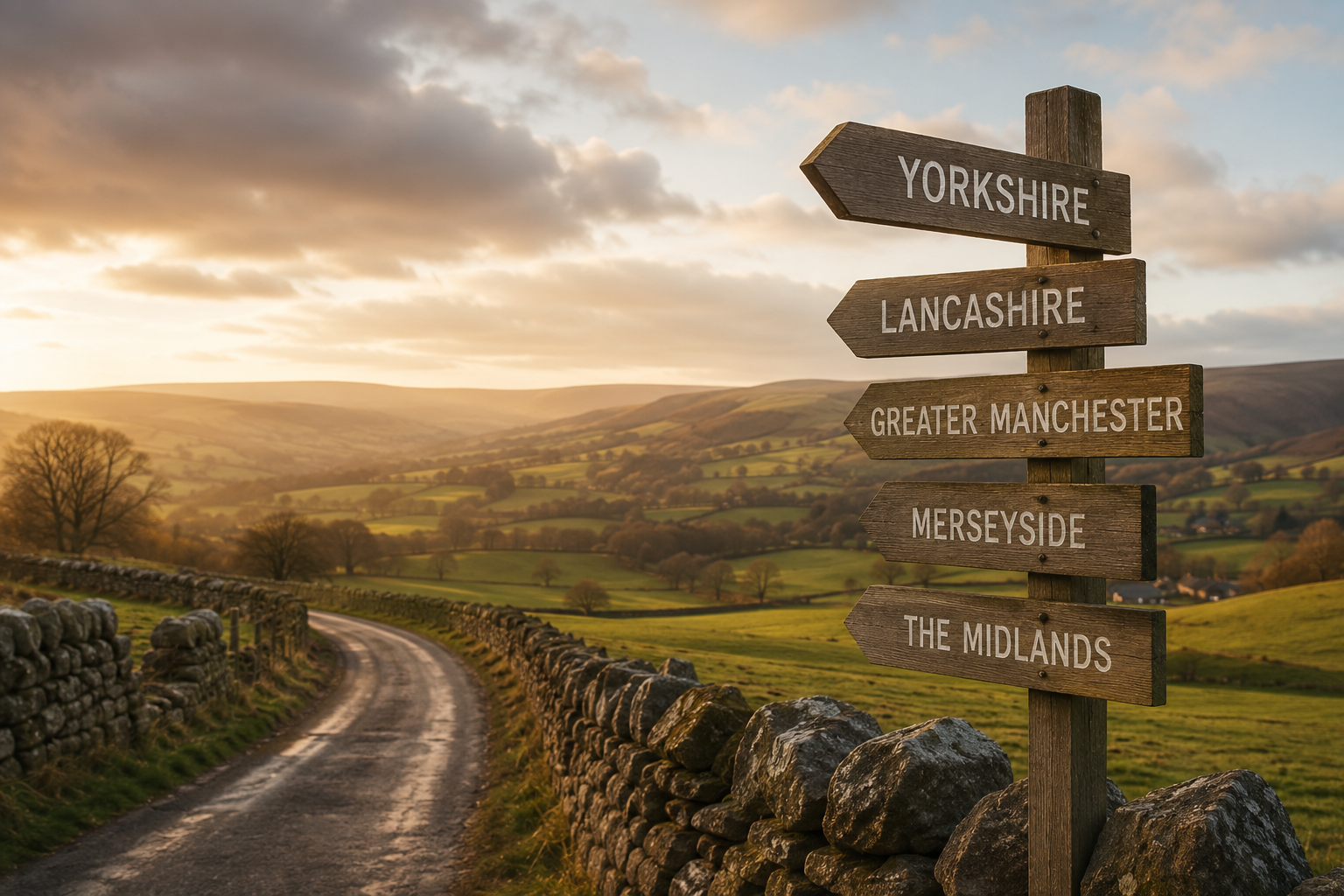 Signpost area towards Yorkshire, Lancashire, Manchester, Merseyside & The Midlands - Areas we cover - Heritage Property Consutants