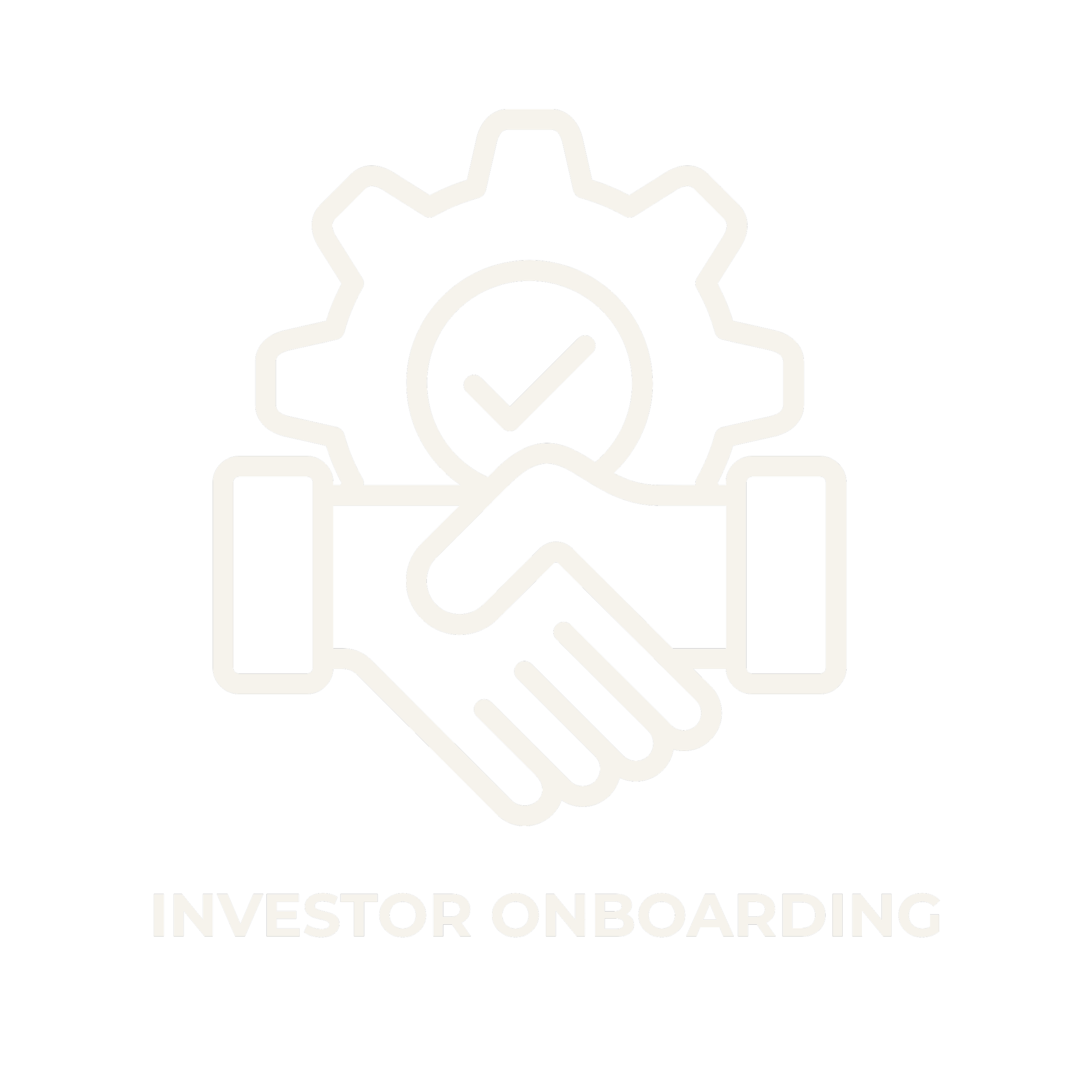 Icon of two hands shaking with a gear and checkmark in the background, representing investor onboarding.