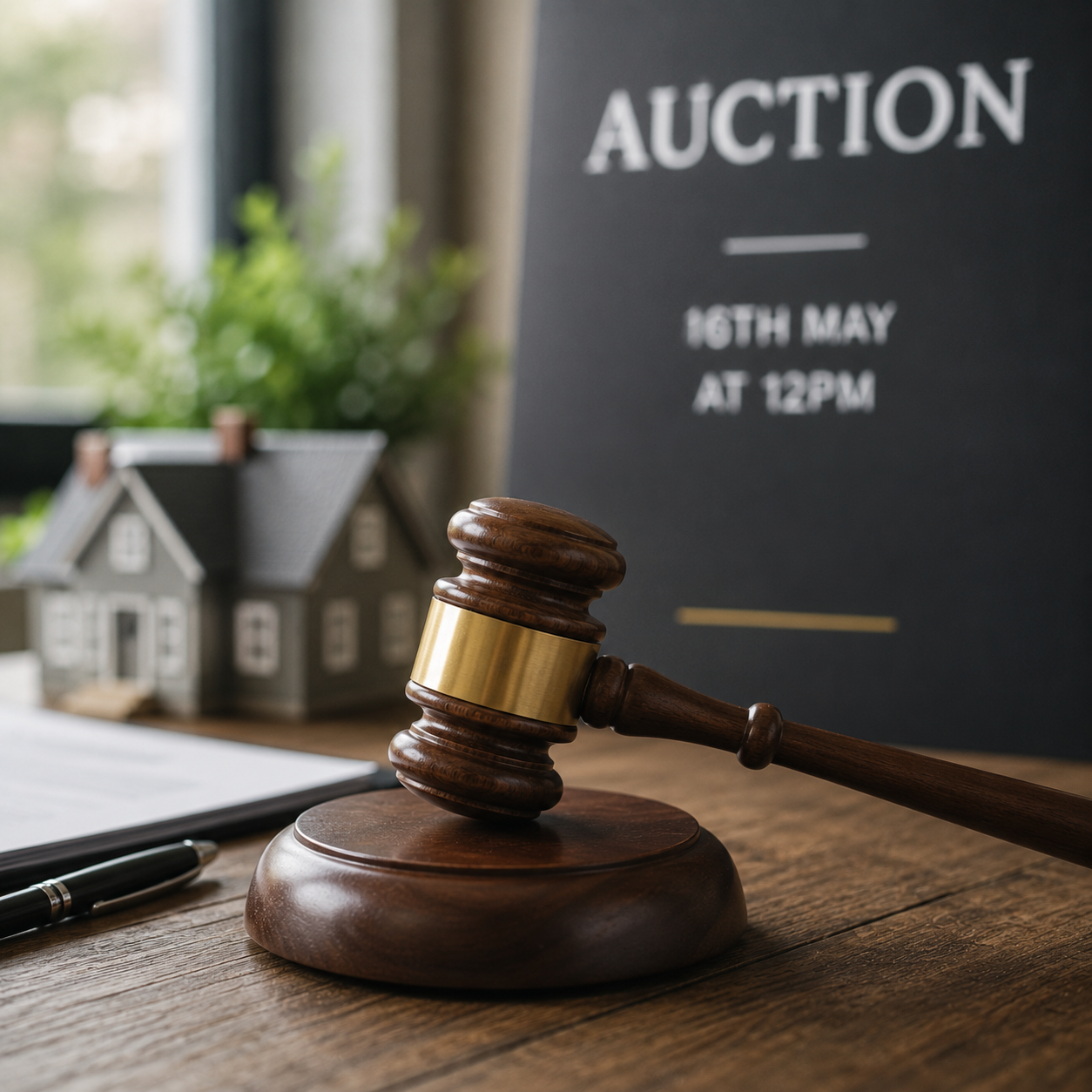 Auction Gavel With Auction Date on a contract behind