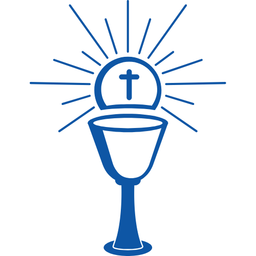 A blue outline of a chalice with a luminous host above it, featuring a cross inside the host.
