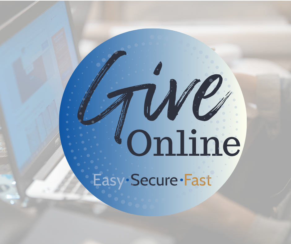 A circular logo with the text 'Give Online' and the words 'Easy', 'Secure', and 'Fast' underneath, overlaying a blurred image of a laptop computer.