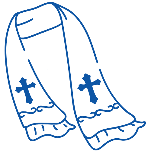 A pair of religious vestments, likely a chasuble, with embroidered crosses and decorative lines.