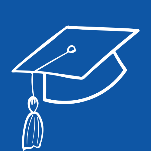 Outline drawing of a graduation cap with a tassel on a blue background.