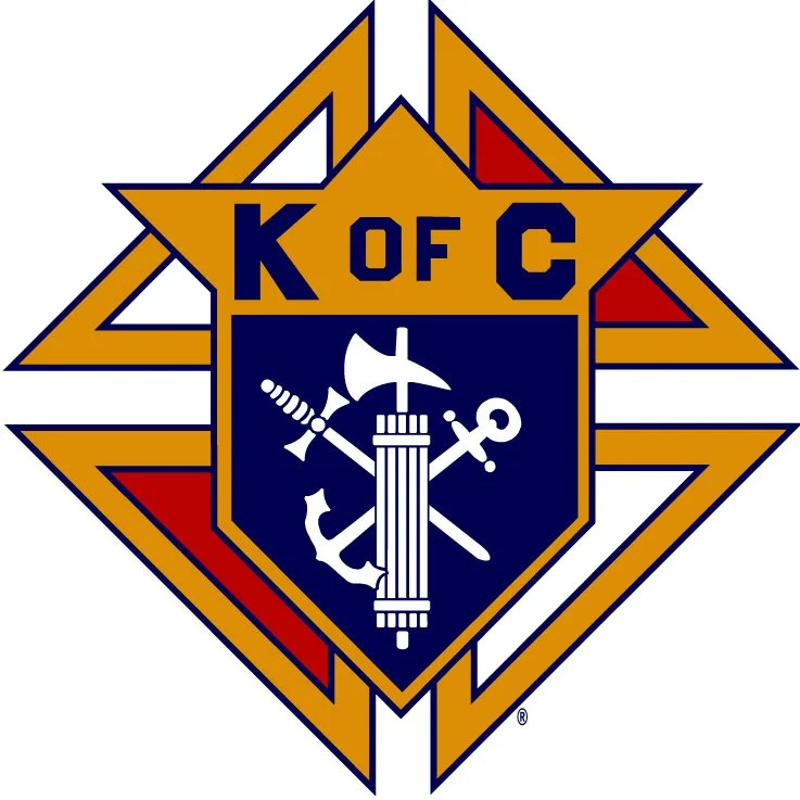 Organizational badge with the letters K of C at the top, a shield in the center featuring a sword, anchor, and axe, and a multicolored star background.