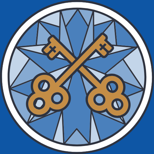 A circular emblem with two crossed vintage keys in gold, set against a blue background with a starburst pattern.