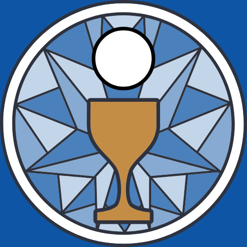 Symbol of a shield with a trophy cup in front of a geometric background, circular design, blue tones.