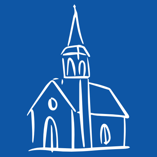 Simplified white outline of a church with a steeple on a blue background