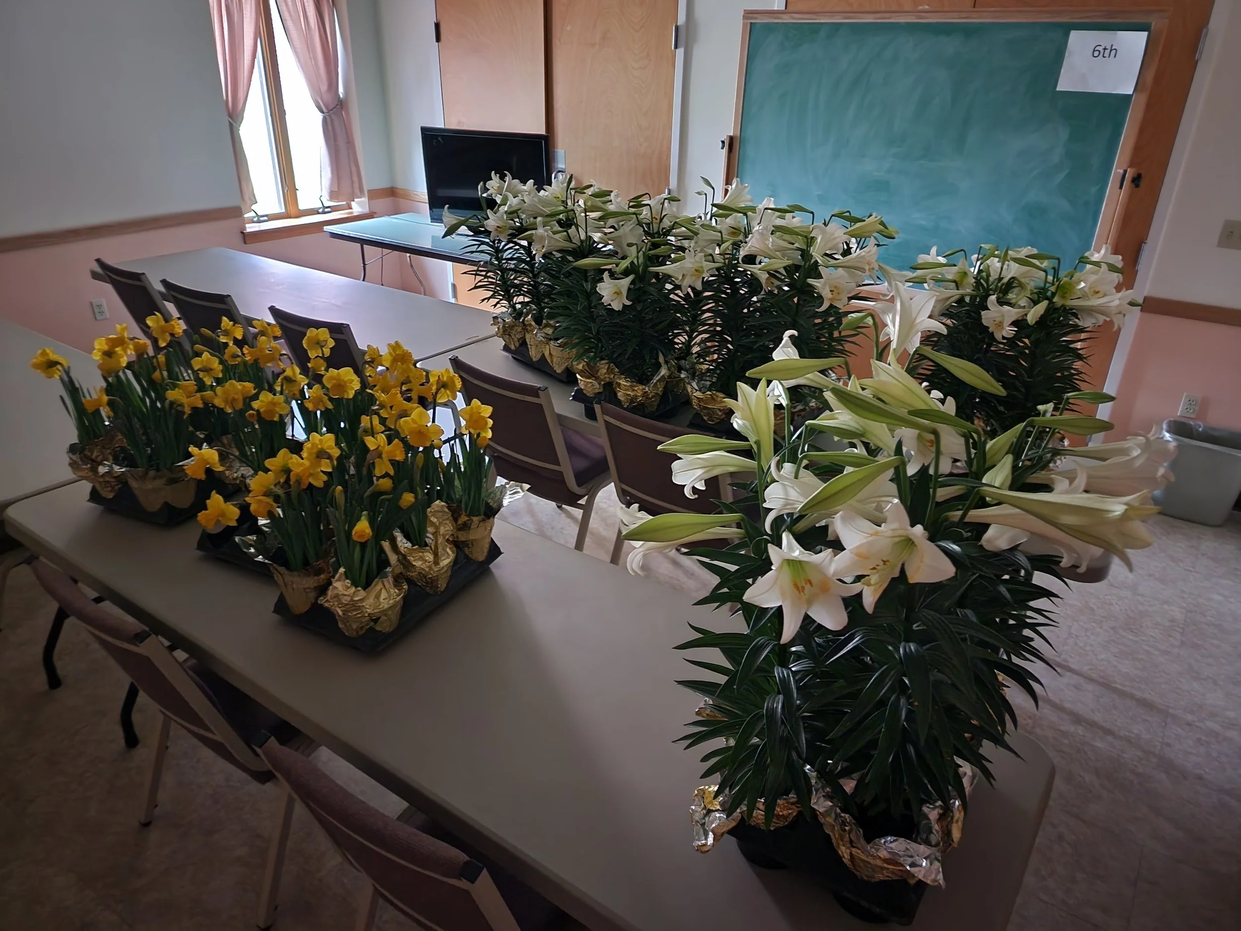 Room decorated with potted white lilies and yellow flowers arranged on tables, with a chalkboard labeled '6th' and a small TV on a table.