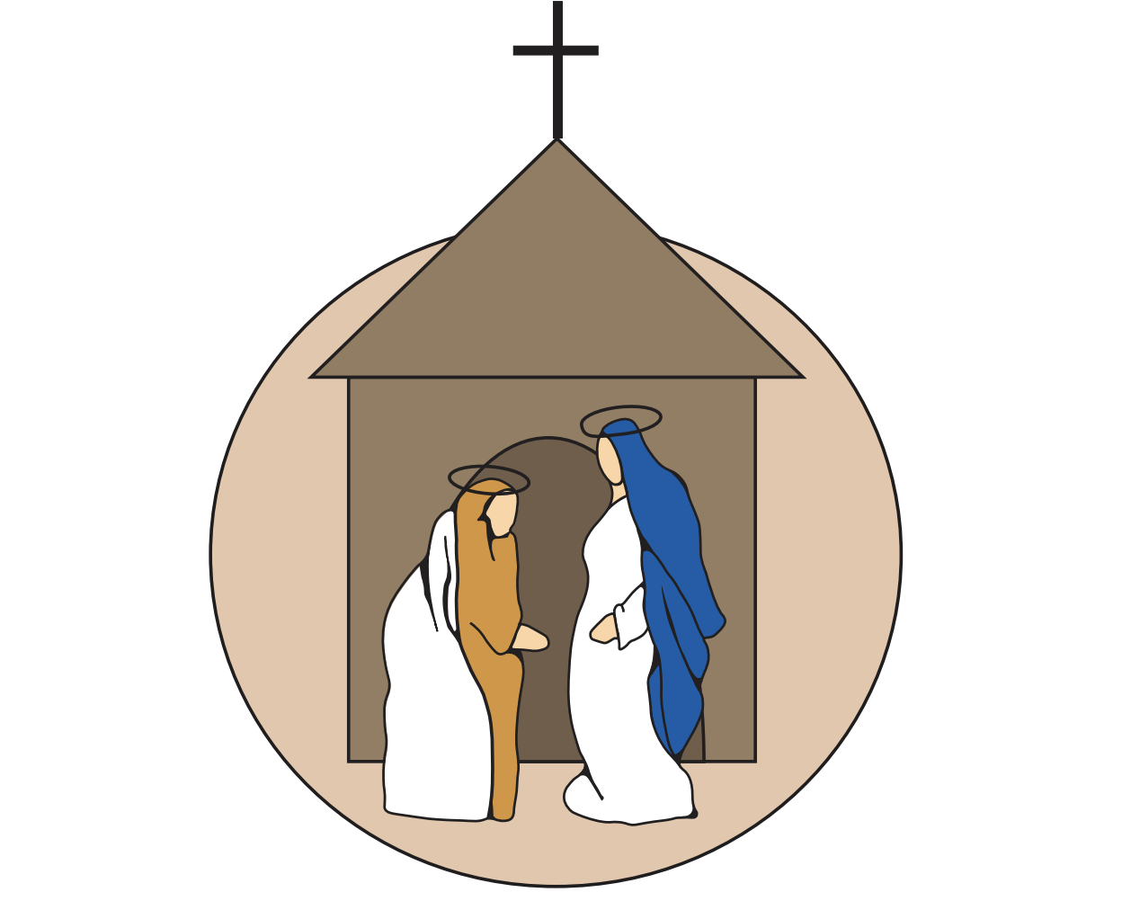 Illustration of Jesus Christ and a woman, possibly Mary Magdalene, inside a simple structure with a cross on top, symbolizing the biblical scene of the Resurrection.