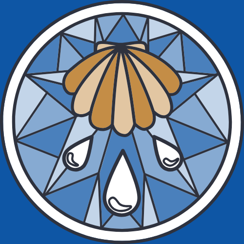 A circular stained glass window featuring a butterfly design with brown, tan, white, and black colors, set against a blue background.