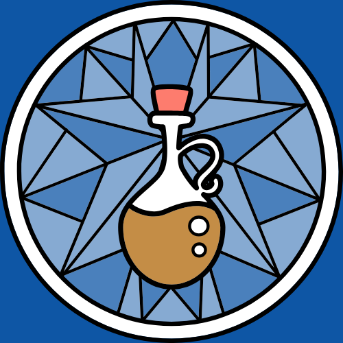 A stylized emblem with a laboratory flask containing a brown liquid, placed over a geometric star design, all enclosed within a circular border. The flask has a cork on top and a curved handle.