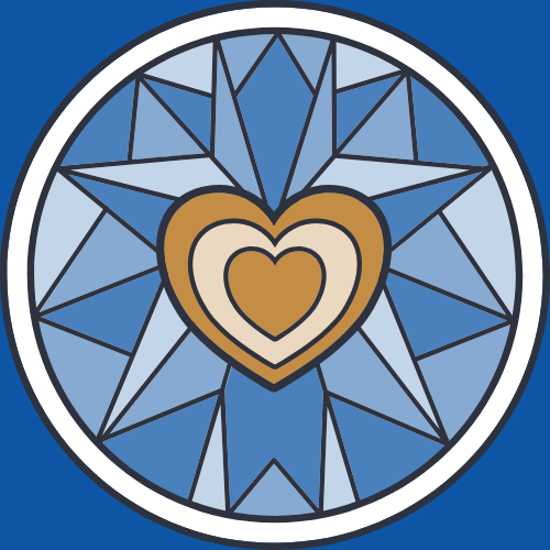 A stained glass design featuring a central heart surrounded by geometric blue shapes in a circular pattern.