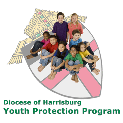 Group of children and teenagers sitting together inside a pie chart with the text 'Diocese of Harrisburg Youth Protection Program' below.