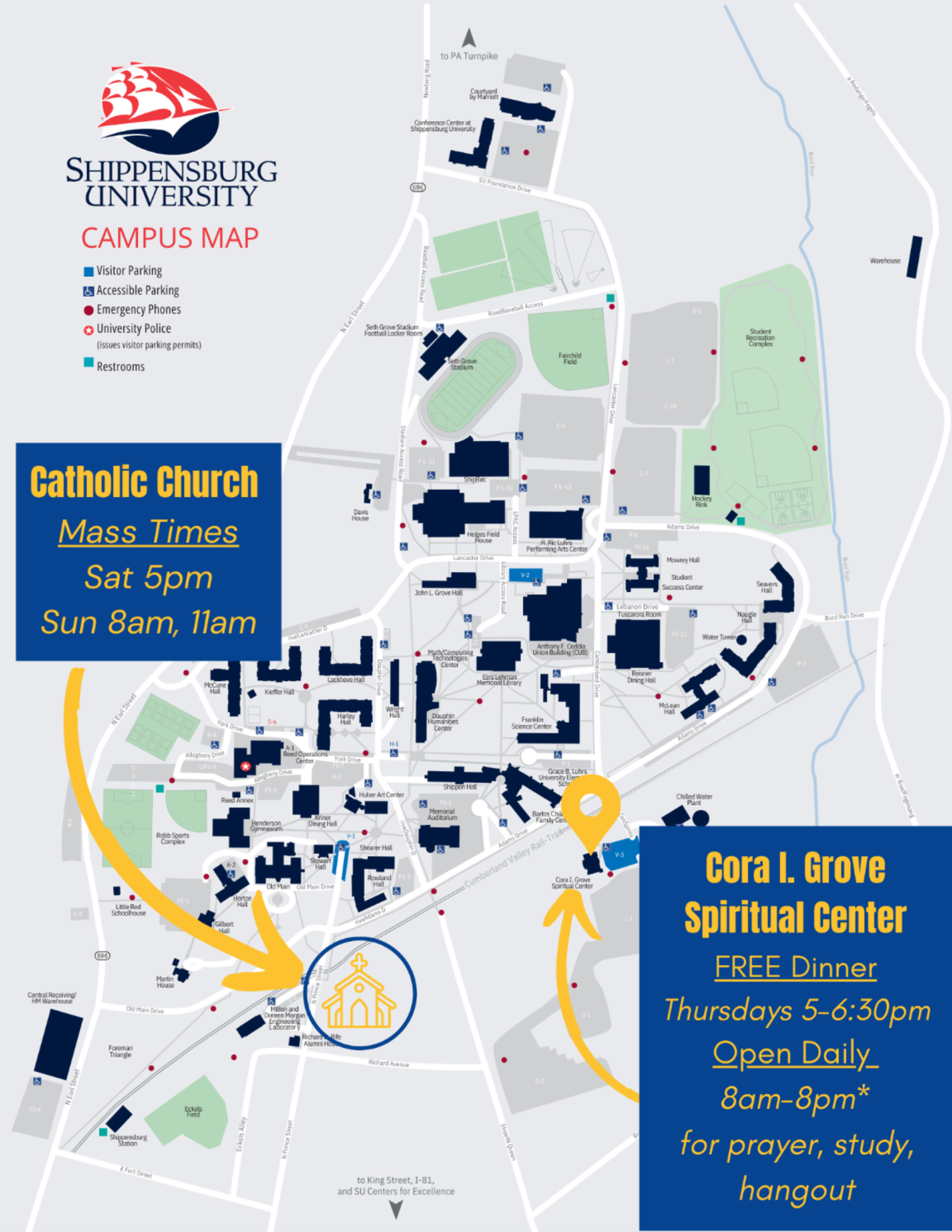 Campus map of Shippensburg University highlighting locations of Catholic Church and Cora L. Grove Spiritual Center, with designated visitor and accessible parking, restrooms, and emergency phones.