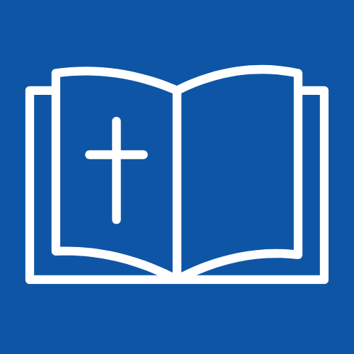 Icon of an open book with a cross on the left page, representing religious or Christian literature, on a blue background.