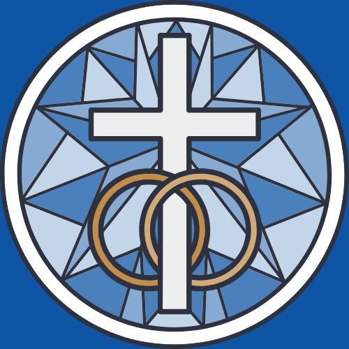 A Christian symbol featuring a white cross with two interlocked gold rings in front of a stained glass window with blue and white geometric patterns.