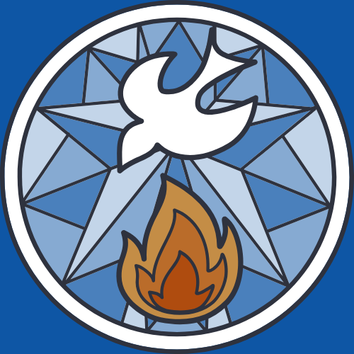 A white dove flying above an orange flame enclosed in a circular emblem with a starburst background.