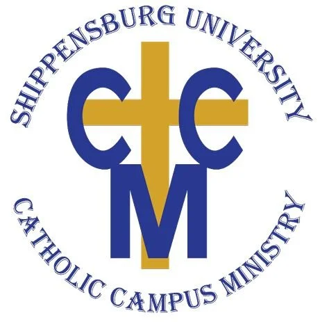Logo of Shippensburg University Catholic Campus Ministry featuring a gold cross and blue letters C, C, and M arranged around the cross with the university's name encircling the design.