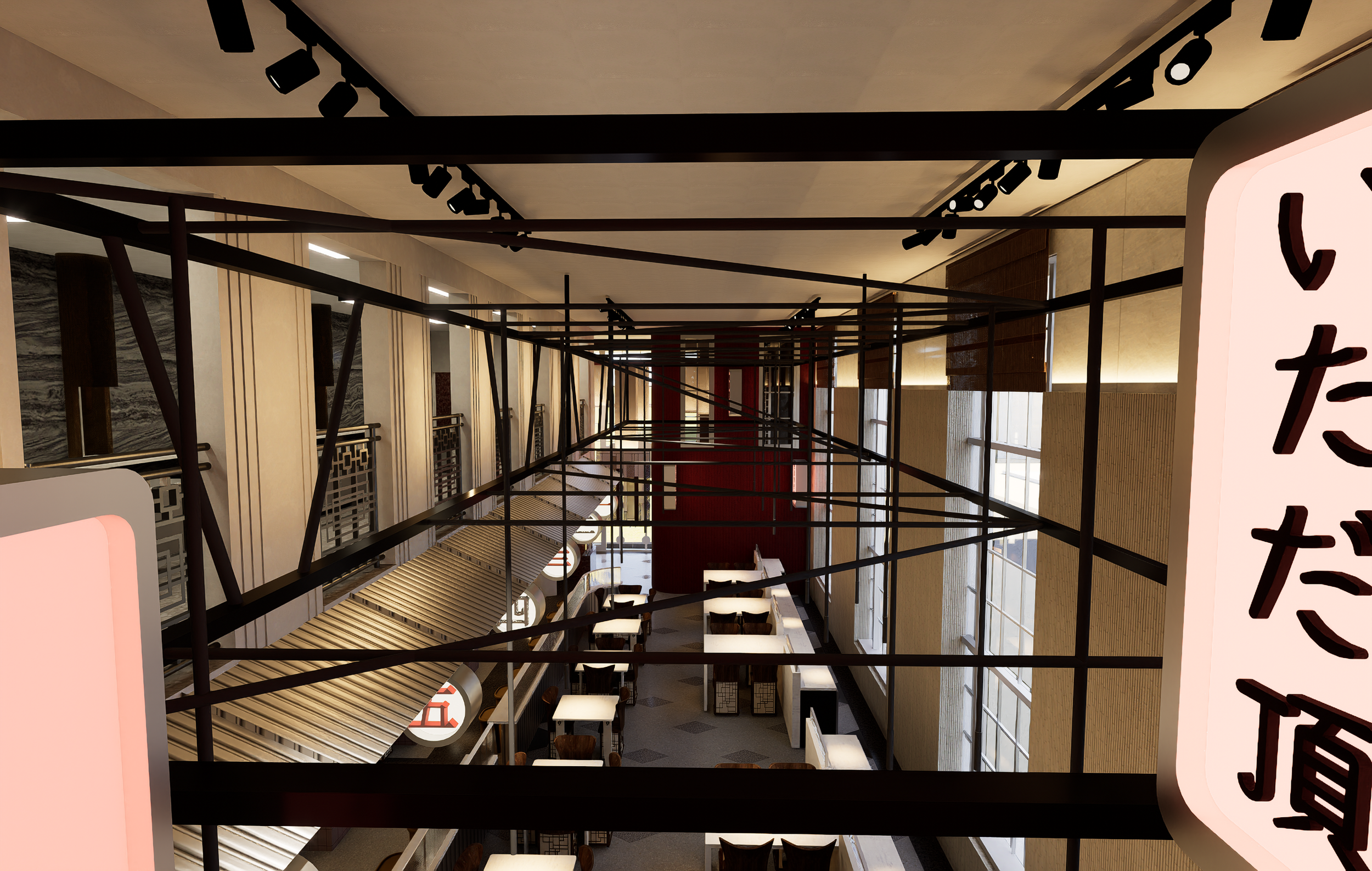 Level 2 - Kitchen has eyes on floor and light fixture is meant to mimic the cable lines over the bustling city streets 